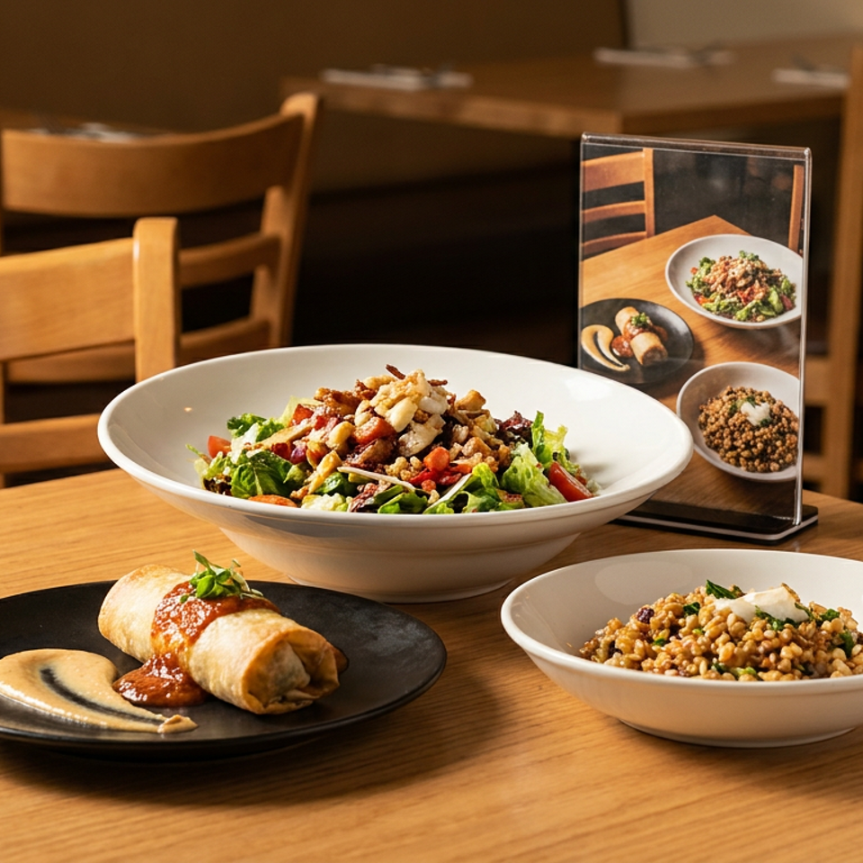 A table with a salad, a burrito, and a grain bowl, with a menu stand and chairs in the background.