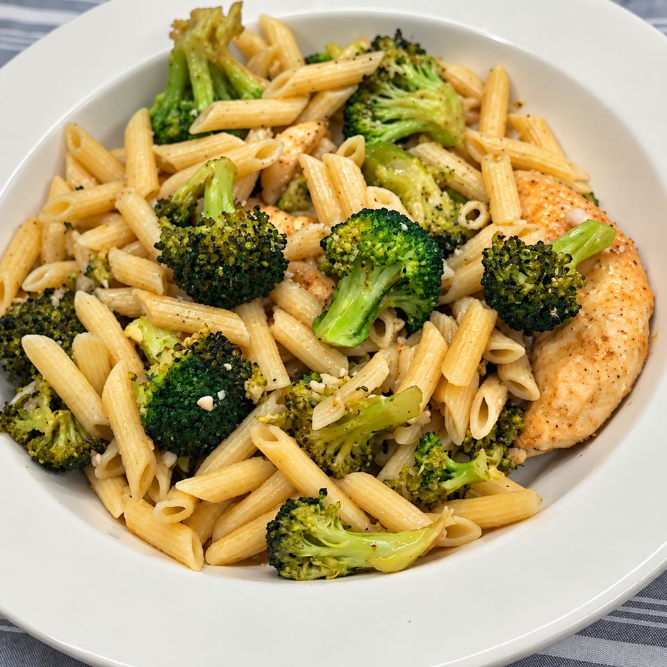 Bowl of penne pasta with roasted broccoli and sliced seasoned chicken on a white plate.