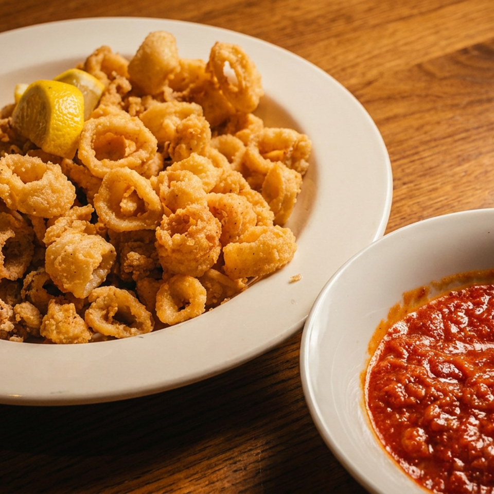 Crispy fried calamari with lemon wedges on a white plate, next to a bowl of red marinara sauce.