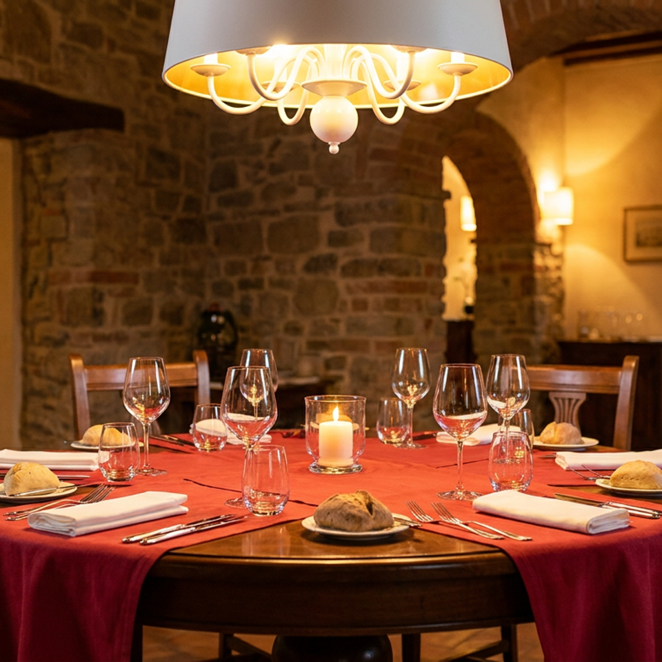 A round dining table set with red tablecloth, wine glasses, and bread rolls in a rustic stone room.